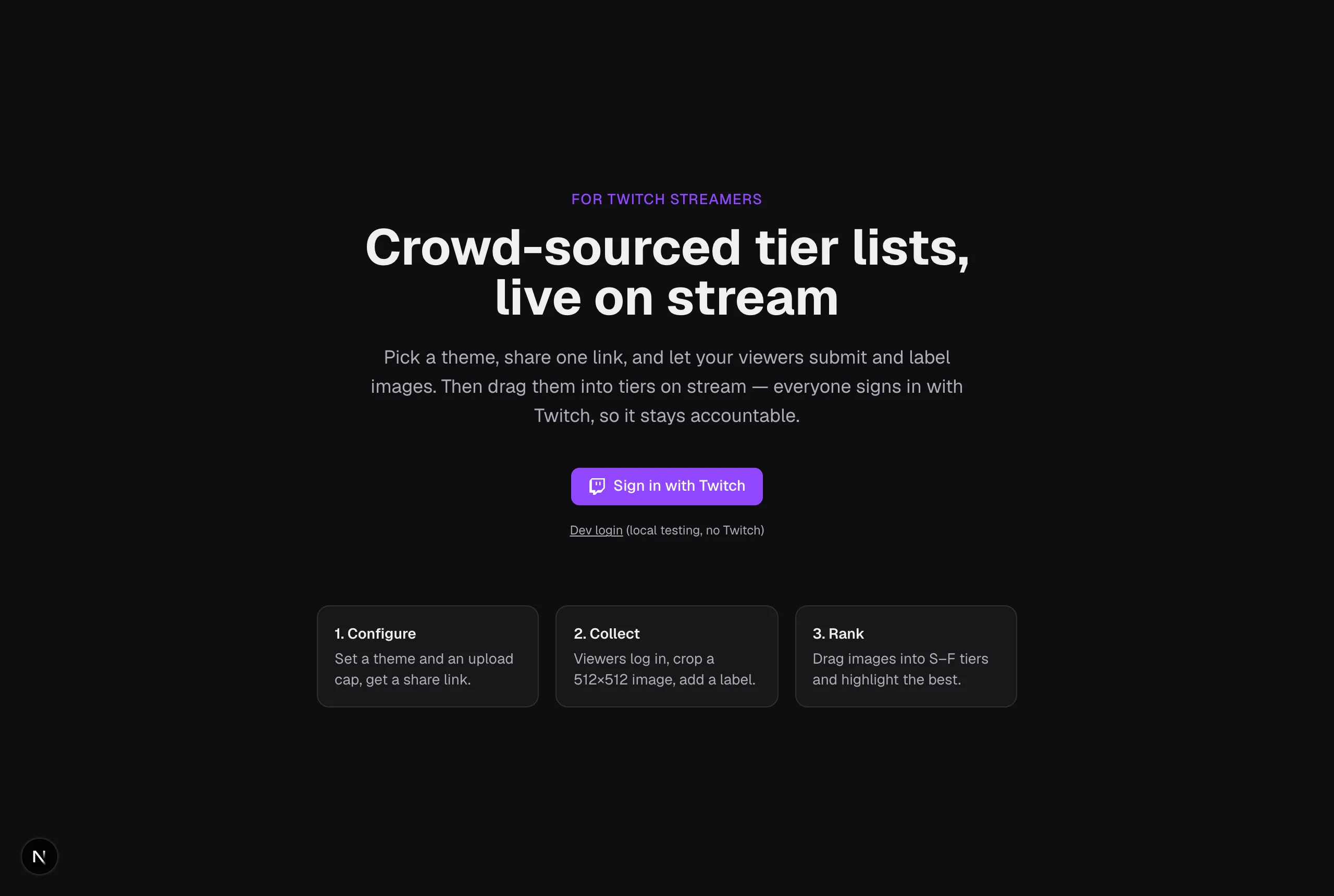 Tier List Live sign-in page with a Sign in with Twitch button