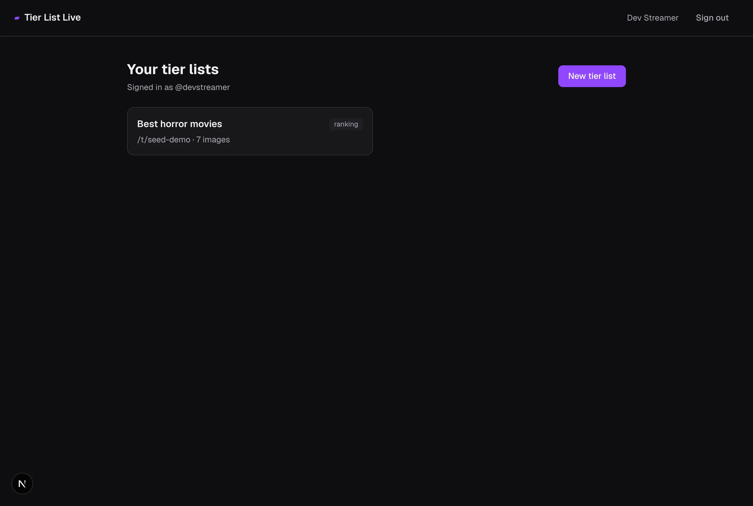 Dashboard showing a list of the streamer's tier lists