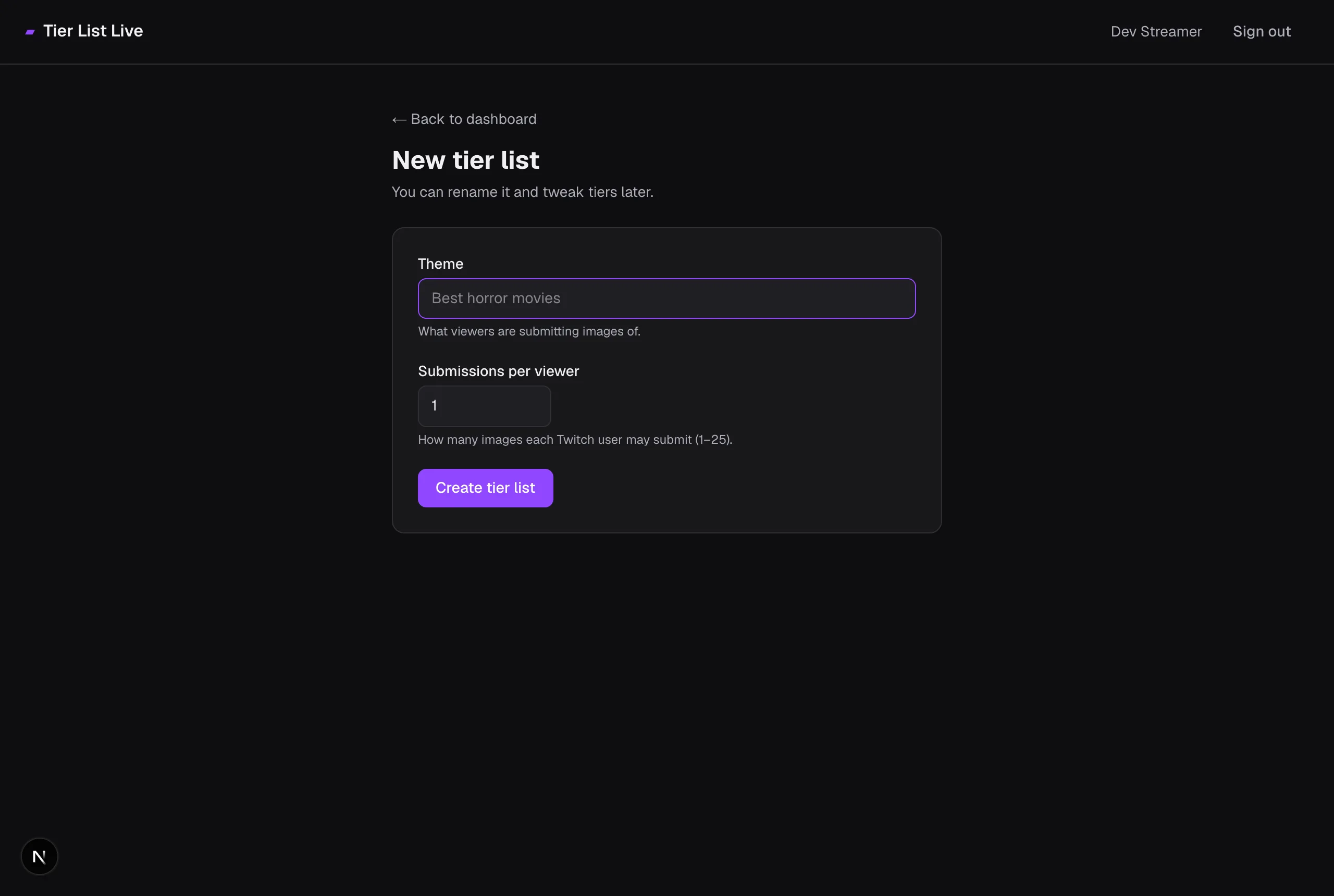 New tier list form with theme and submissions-per-viewer fields