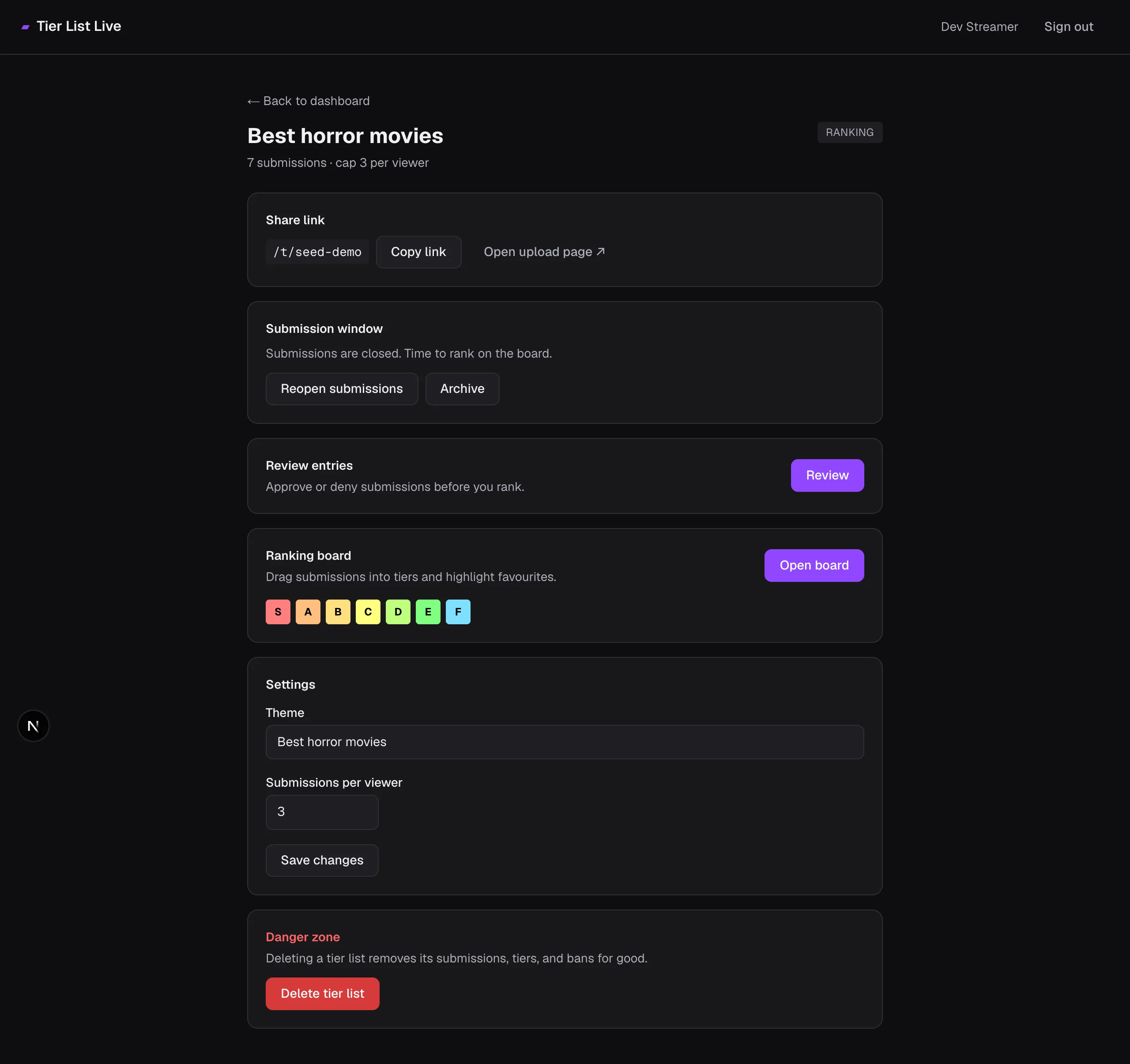 List settings page showing share link, submission window, review, board, and danger zone