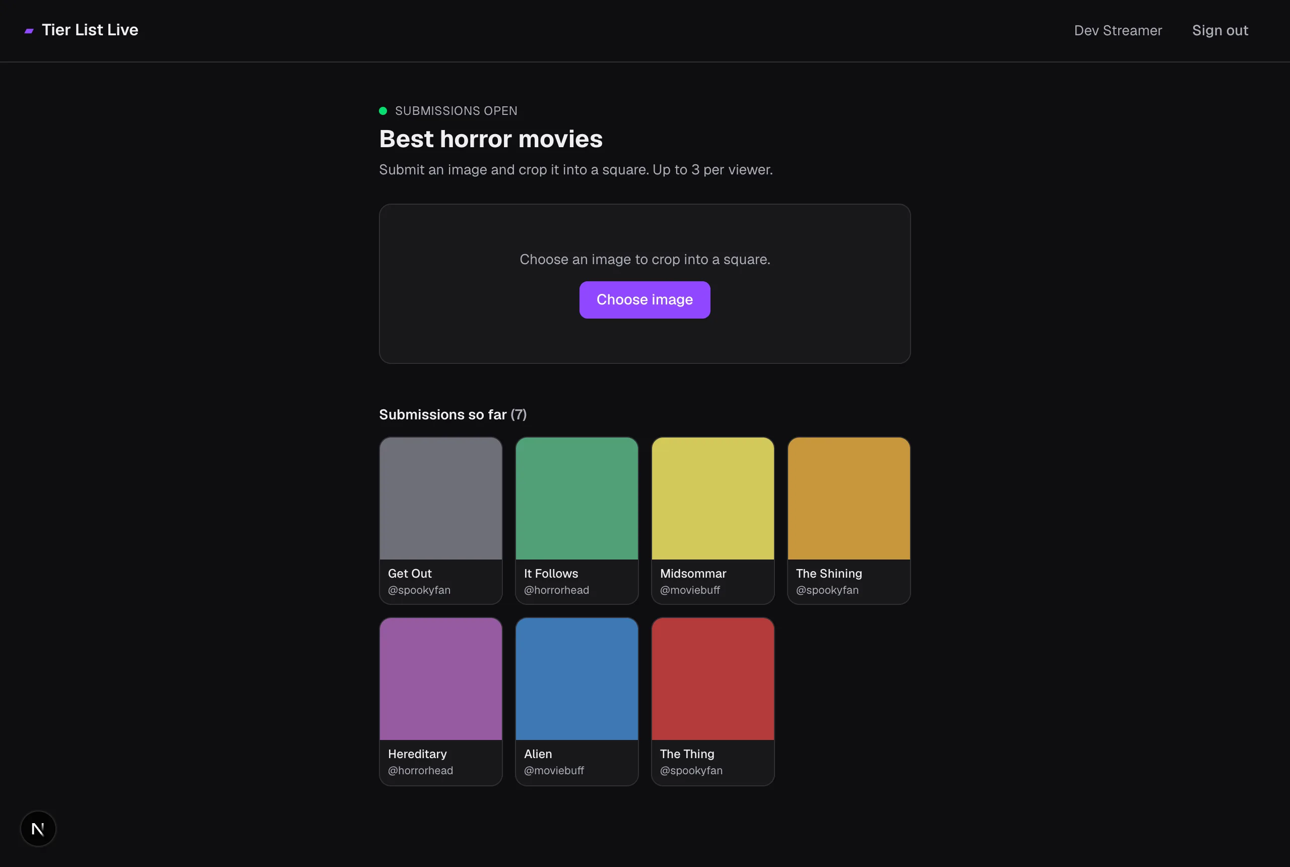 Viewer upload page with submissions open and a gallery of entries
