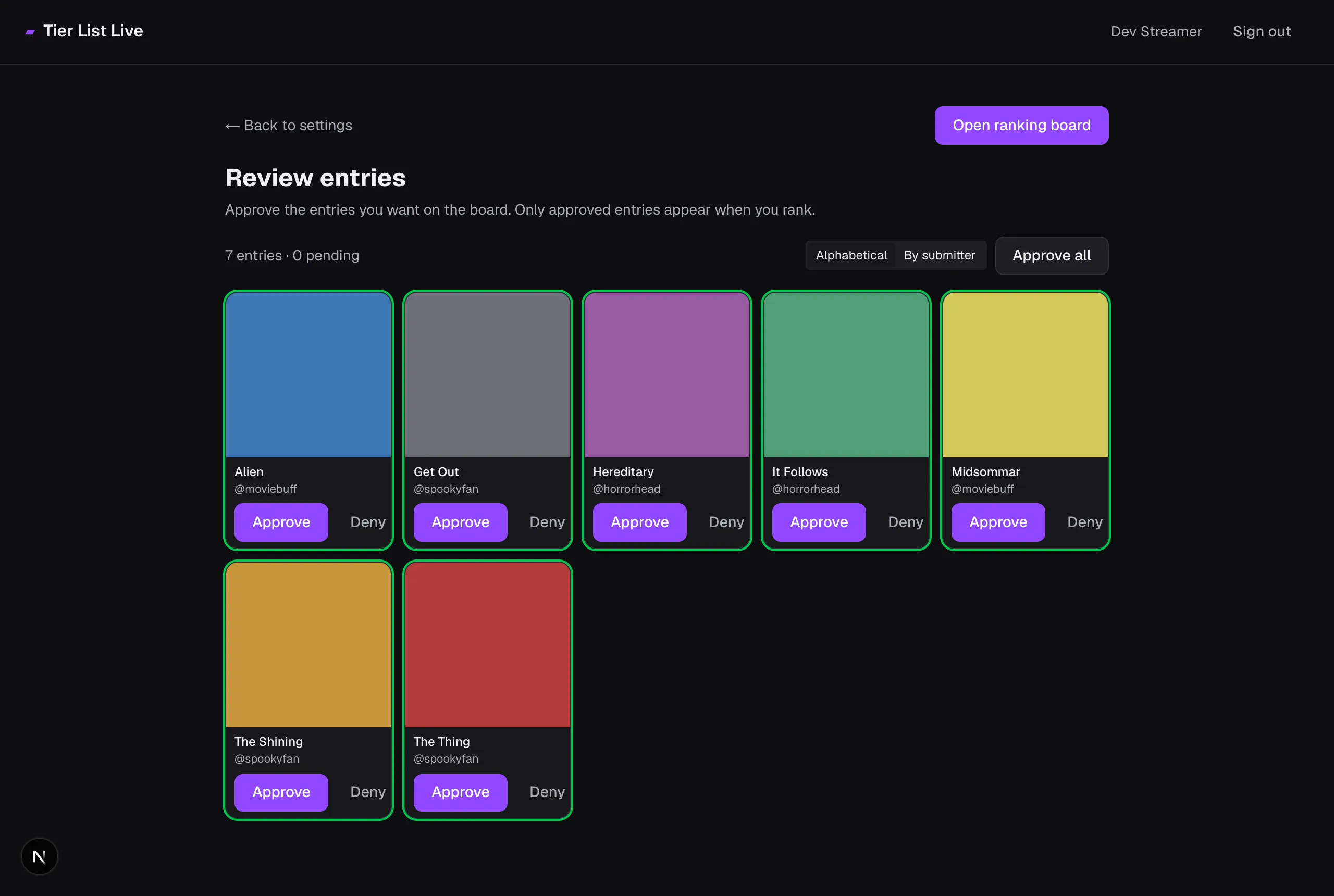 Review entries screen with approve and deny buttons on each submission