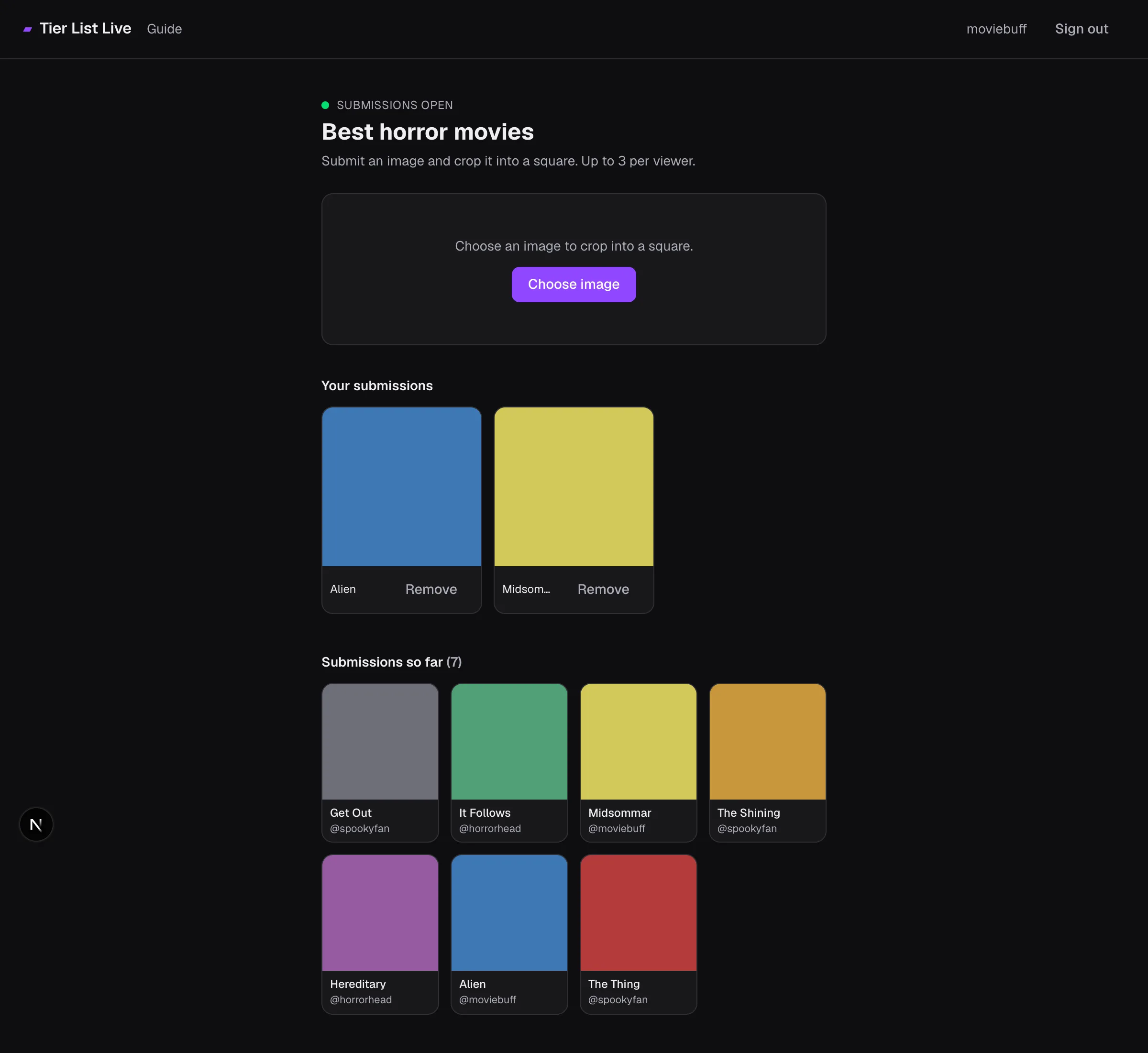 Upload page with a Choose image button, the viewer's own submissions, and the shared pool